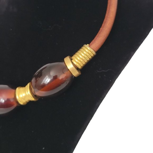 Corded Choker 14" Necklace Brown Plastic Beads Gold Tone Accents Hook Close - Picture 3 of 5